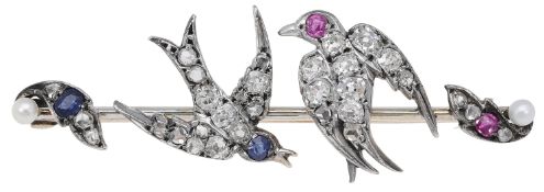 A late 19th century gem-set swallow brooch, the two birds set throughout with old...