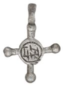 A Medieval silver cruciform pendant, 13th/14th century, the central round disc inscribed...