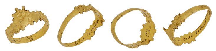 A 17th century gold fede/posy ring, the bezel composed of a heart and crossed arrows...
