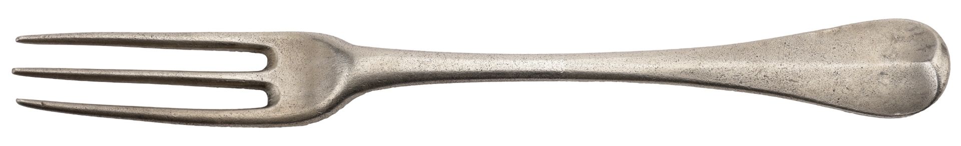 A George I Britannia standard silver table fork, with three tines, engraved with a bishop's...