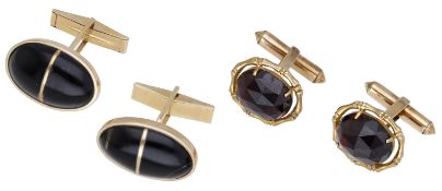 Two pairs of cufflinks, the first set with rose-cut garnets in a bamboo style border, to...