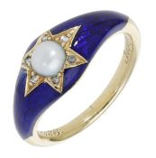 An enamel and pearl memorial ring, 1857, the tapered convex band decorated to the front...