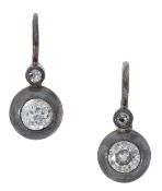 A pair of 19th century earrings, each collet-set with an old brilliant-cut diamond beneath...