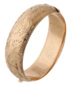 A bangle by Birks, the front with engraved foliate and scroll design, signed 'BIRKS',...