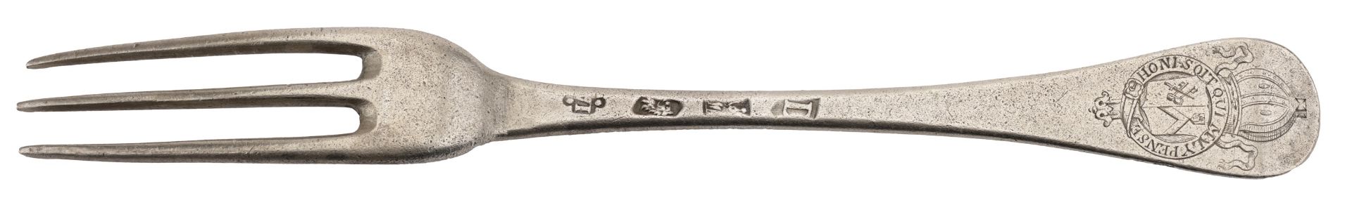 A George I Britannia standard silver table fork, with three tines, engraved with a bishop's... - Image 2 of 3