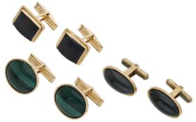 Three pairs of hardstone cufflinks, the first with oval-shaped malachite cabochon panels,...
