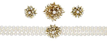 A cultured pearl and diamond necklace, brooch and ear clip suite, the three-row cultured...