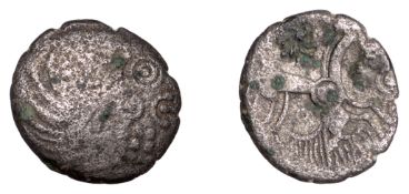 British Iron Age, BELGAE, Ex (c. 50-40 BC), silver Unit, Ex Head type, head left, [ex]...