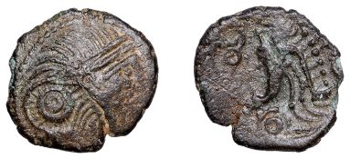 British Iron Age, REGINI, Uninscribed issues, bronze Unit, Chichester Cock type, helmeted...