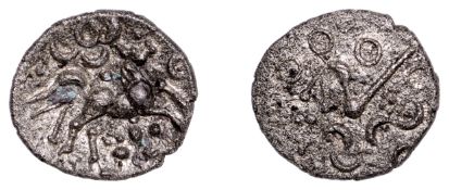 British Iron Age, DOBUNNI, Uninscribed issues, silver Unit, Cotswold Crosses type, moon...
