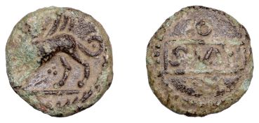 British Iron Age, CATUVELLAUNI, Rues (c. AD 1-10), bronze Unit, Griffin type, rvis in...