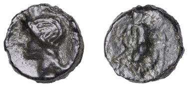 British Iron Age, CANTII, cast Potin Unit, Birchington Bull type, head of Apollo left, rev....