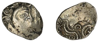 Continental Iron Age, ARMORICA, Abricatui, billon Quarter-Stater, lunar head right, rev....