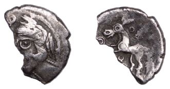 British Iron Age, TRINOVANTES, Uninscribed issues, silver Unit, Duck Helmet type, helmeted...
