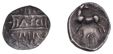 British Iron Age, CATUVELLAUNI, Tasciovanus (c. 25 BC - AD 10), silver Unit, Stag type,...