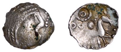 British Iron Age, ICENI, Uninscribed issues, silver Unit, Punk Head type, male head right,...