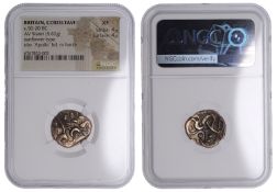 British Iron Age, CORIELTAVI, Uninscribed issues, gold Stater, Sunflower type, devolved...