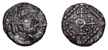 Early Anglo-Saxon Period, Sceatta, Secondary series G [Quentovic], type 3a, draped and...