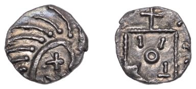 Early Anglo-Saxon Period, Sceatta, Continental series E, Secondary type, porcupine-like...