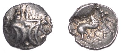 British Iron Age, ICENI, Ecen (c. AD 10-43), silver Unit, Six type, double crescent emblem...