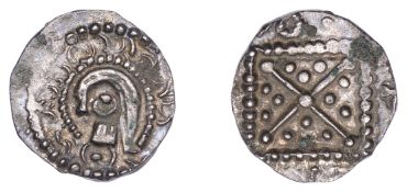 Early Anglo-Saxon Period, Sceatta, Secondary Series O related, keyhole bust left, with stub...