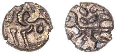 British Iron Age, CORIELTAUVI, Uninscribed issues, gold Stater, Sunflower type, devolved...