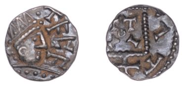 Early Anglo-Saxon Period, Sceatta, Primary series C, radiate bust right, linear and beaded...