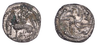 Early Anglo-Saxon Period, Sceatta, Secondary series S, type 47, winged centauress left with...