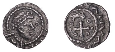 Early Anglo-Saxon Period, Sceatta, Primary series BI, type 27b, double-diademed head right,...