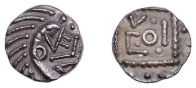 Early Anglo-Saxon Period, Sceatta, Continental series E, 'VICO' type, porcupine-like figure...