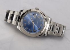 Rolex. A stainless steel automatic wristwatch with date, bracelet and Azzurro blue dial,...