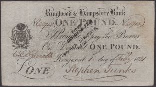 Ringwood &amp; Hampshire Bank, for Stephen Tunks, &pound;1, 1 February 1821, serial number R6713,...