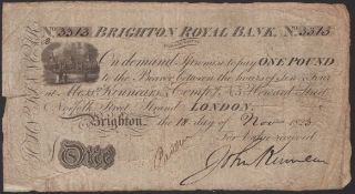 Brighton Royal Bank, for John Kinnear, &pound;1, 18 November 1823, serial number B.3313, edge...