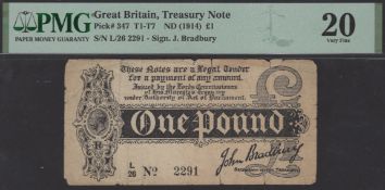 ERROR: Treasury Series, John Bradbury, &pound;1, 7 August 1914, serial number L/26 2291, with...