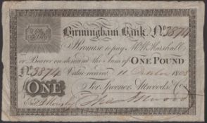Birmingham Bank, for Spooner, Attwoods &amp; Co., &pound;1, 11 October 1808, serial number 3874,...