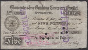 Gloucestershire Banking Co, Stroud, &pound;5, 1 October 1883, serial number A593, several...