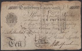 Canterbury Union Bank, for Halford, Baldock &amp; Snoulten, &pound;10, 4 August 1838, serial number.