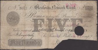 Sleaford &amp; Newark Bank, for Peacock, Willson &amp; Compy, cancelled &pound;5, 7 March 1892, seri