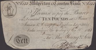 Milverton &amp; Taunton Bank, for Thos Young &amp; Son, &pound;10, 4 June 1813, serial number L133,.