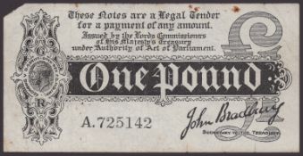 Treasury Series, John Bradbury, &pound;1, 7 August 1914, serial number A.725142, upper left...