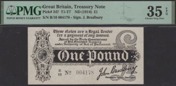 Treasury Series, John Bradbury, &pound;1, 7 August 1914, serial number B/10 004178, in PMG...