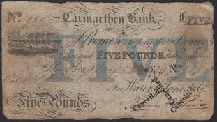 Carmarthen Bank, for Waters, Jones &amp; Co, &pound;5, 5 May 1829, serial number 938, blue...