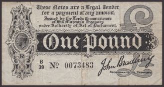 Treasury Series, John Bradbury, &pound;1, 7 August 1914, serial number B/39 0073483, a quantity...