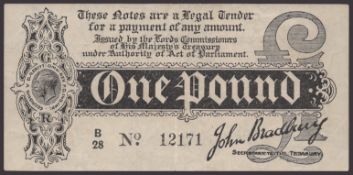 Treasury Series, John Bradbury, &pound;1, 7 August 1914, serial number B/28 12171, one minor...