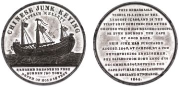 Voyage of the Junk Keying, 1848, a white metal medal by T. Halliday, port view of the junk,...