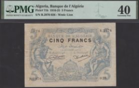 Banque de l'Algerie, 5 Francs, 26 November 1918, serial number R.2976 026, Moyse and Biron...