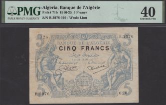 Banque de l'Algerie, 5 Francs, 26 November 1918, serial number R.2976 026, Moyse and Biron...