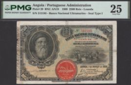 Banco Nacional Ultramarino, Angola, 2500 Reis, Loanda, 1 March 1909, serial number 312185,...