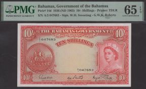 Bahamas Government, 10 Shillings, ND (1963), serial number A/3 047683, Higgs, Sweeting and...