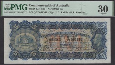 Commonwealth of Australia, &pound;5, ND (1932), serial number Q/27 091363, Riddle and Sheehan,...